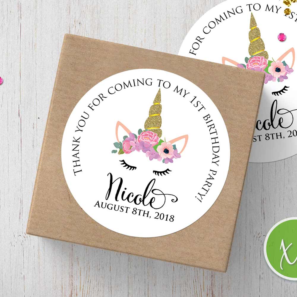thnak you for coming to my birthday party gold unicorn horn with flowers birthday sticker - xoxokristen