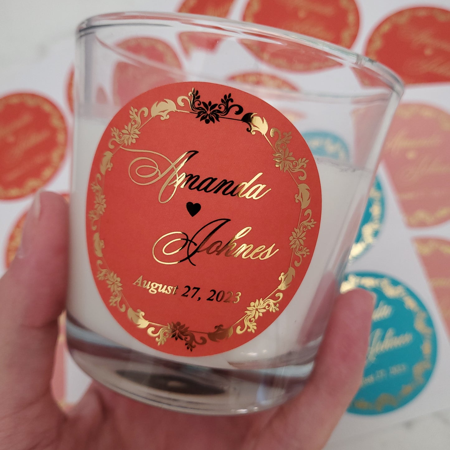 custom colorful wedding favor stickers with gold foil - XOXOKristen