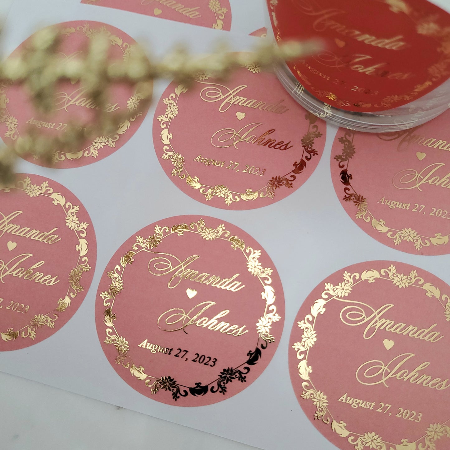 custom colorful wedding favor stickers with gold foil - XOXOKristen