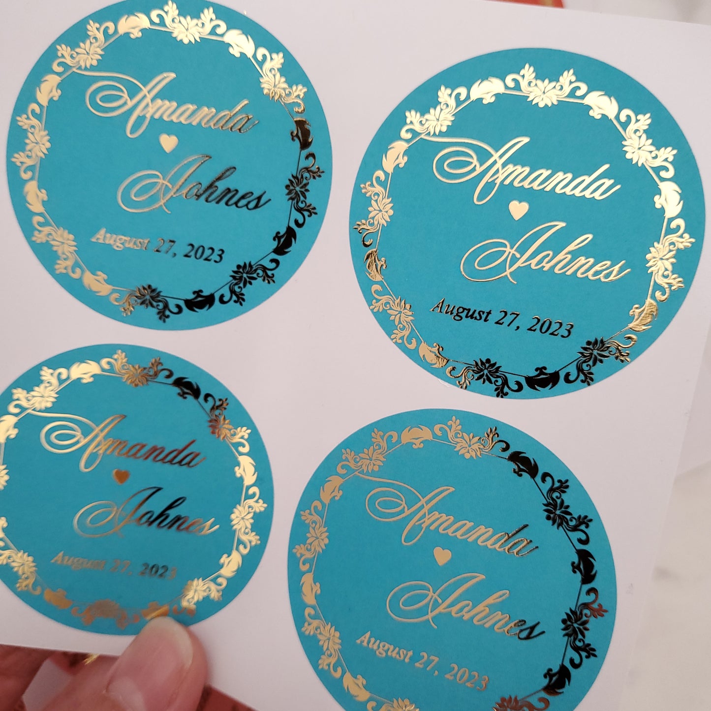 custom colorful wedding favor stickers with gold foil - XOXOKristen