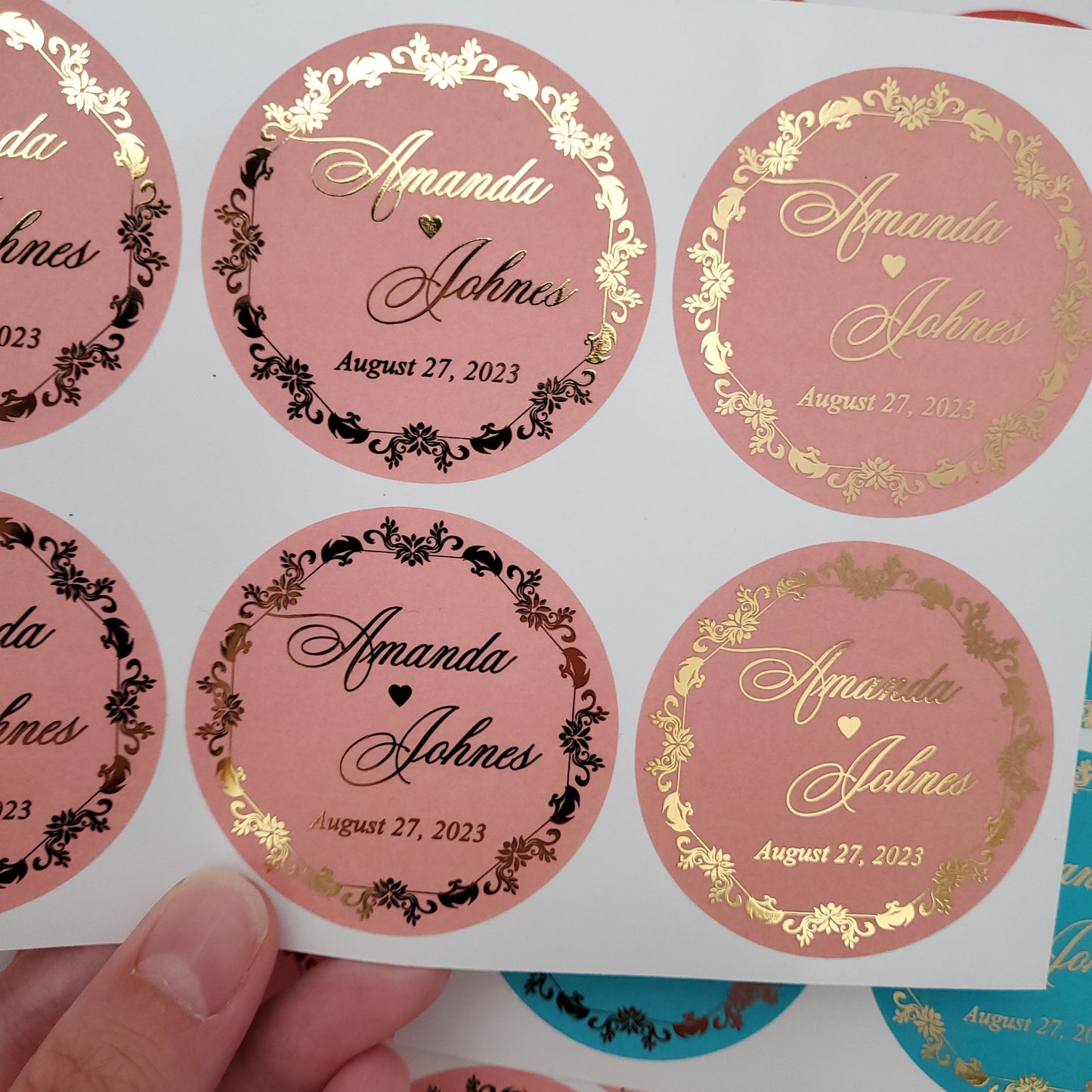 custom colorful wedding favor stickers with gold foil - XOXOKristen