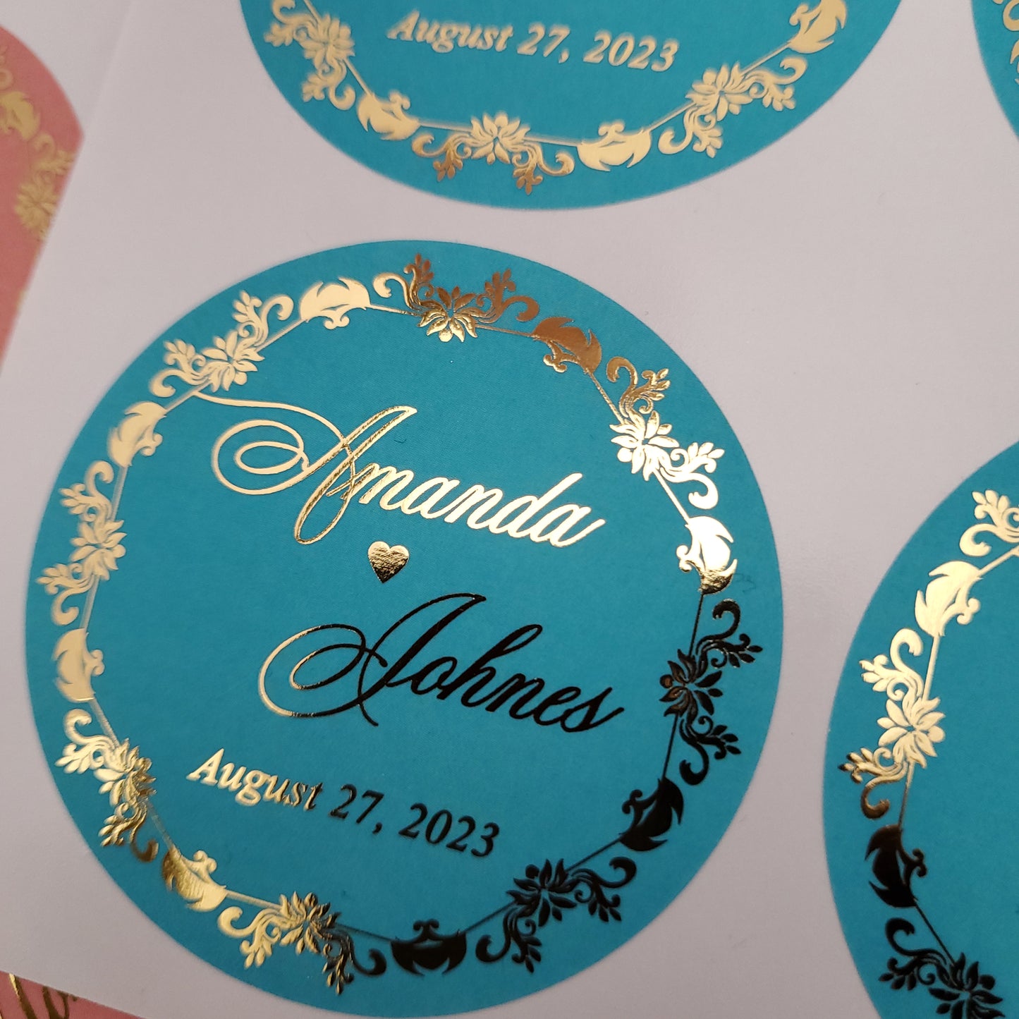 custom colorful wedding favor stickers with gold foil - XOXOKristen