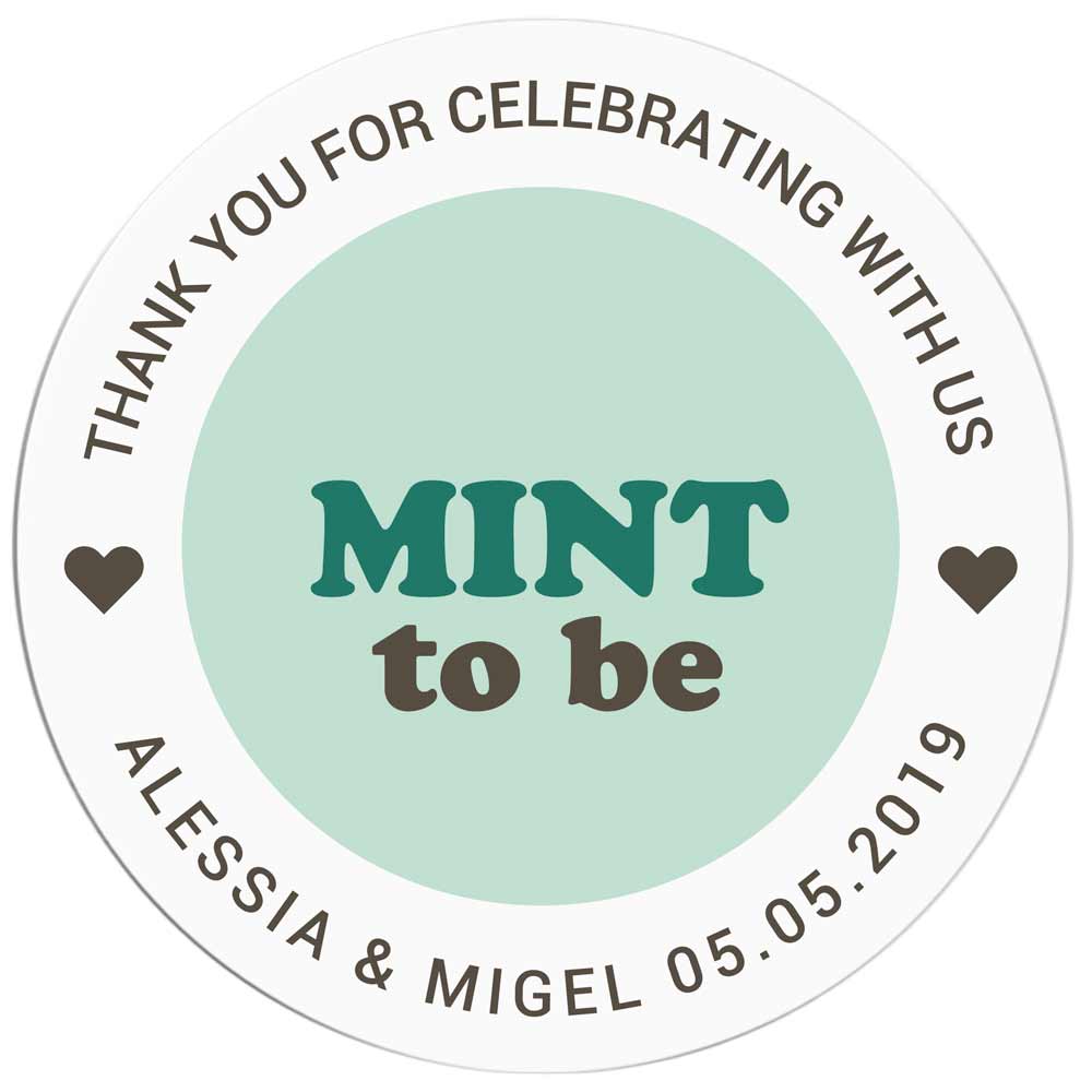 Custom wedding "Mint to be" sticker with retro green design and heart accents. Perfect to use with wedding invitations, thank you cards, save the date, wedding favors or gift bags - XOXOKristen