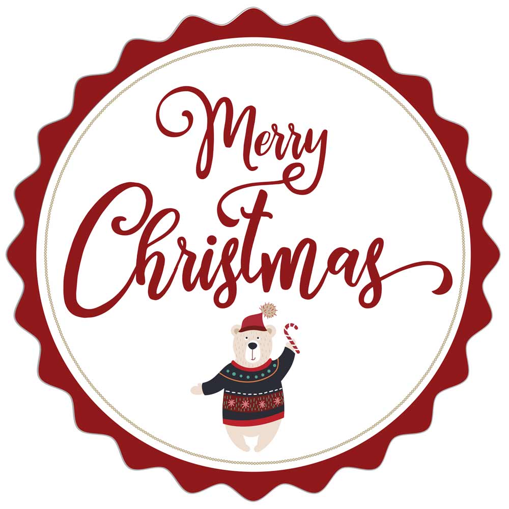 Merry Christmas Red Scalloped Shape Christmas Sticker Label with cute bear with hat - XOOKristen
