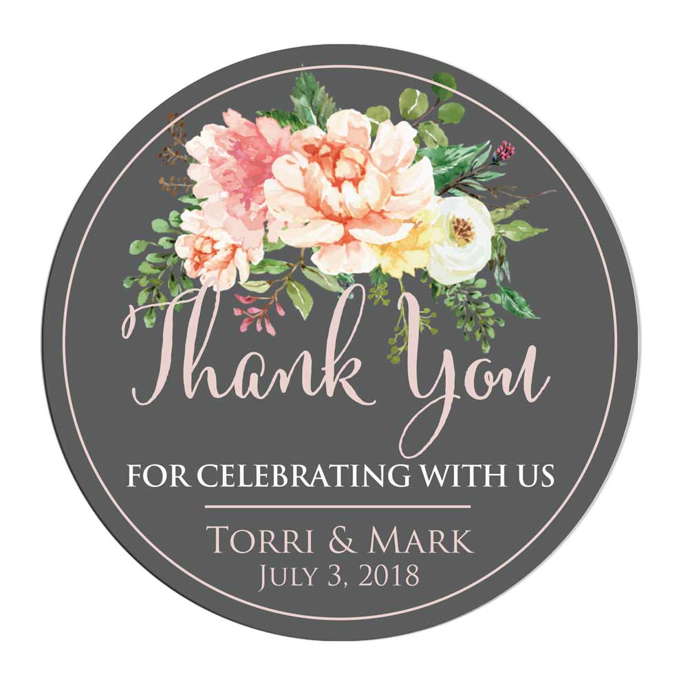 Custom round floral thank you sticker with grey background and pastel flower colors. Entirely personalized wedding favors label - XOXOKristen