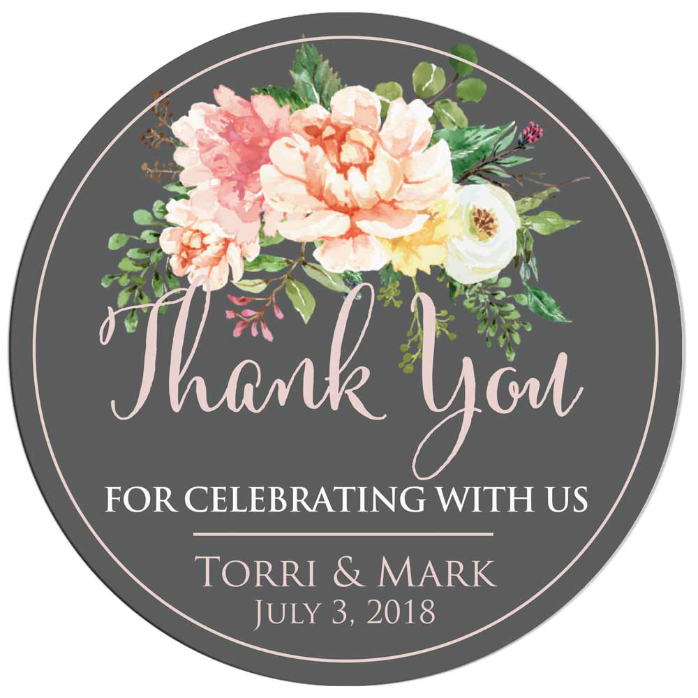 Custom round floral thank you sticker with grey background and pastel flower colors. Entirely personalized wedding favors label - XOXOKristen