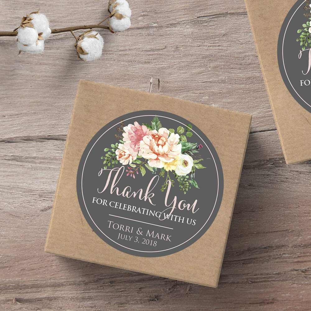 Custom round floral thank you sticker with grey background and pastel flower colors. Entirely personalized wedding favors label - XOXOKristen