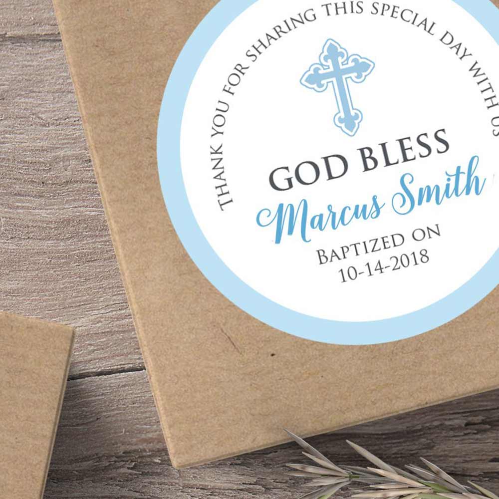 Blue God Bless baptism and christening thank you sticker. Personalized religious label - XOXOKristen.