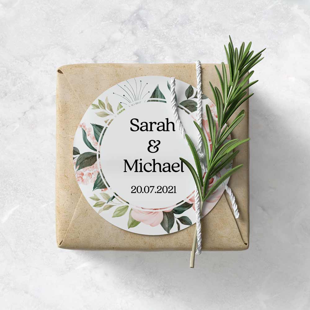 Floral wedding favor sticker with names and date - XOXOKristen