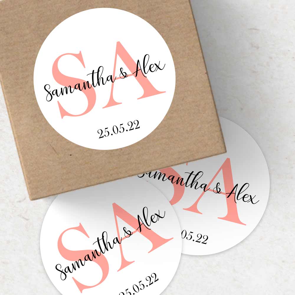 Monogram wedding favor stickers with romantic hand-lettered names - XOXOKristen