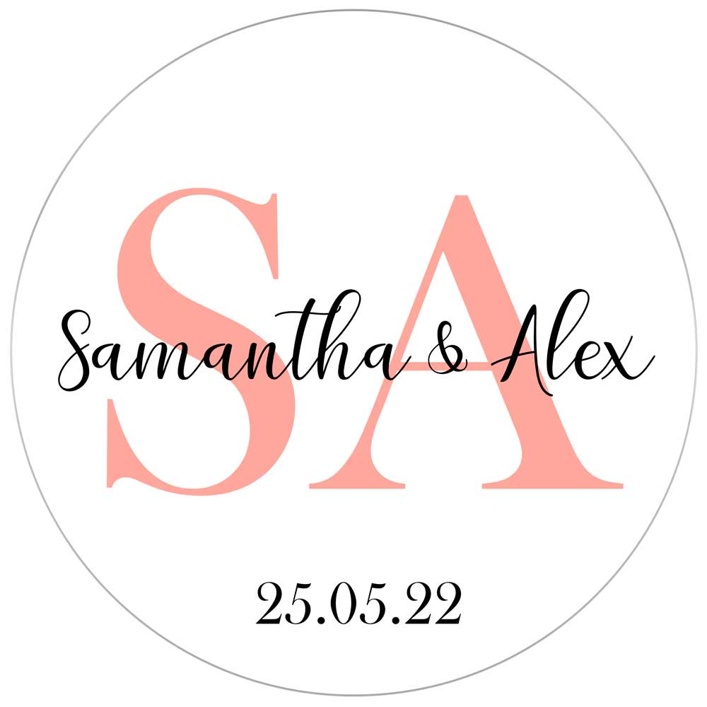 Monogram wedding favor stickers with romantic hand-lettered names - XOXOKristen
