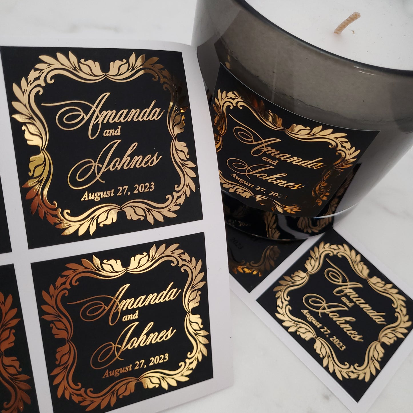 luxurious black velvet wedding favor stickers with gold foil - XOXOKristen