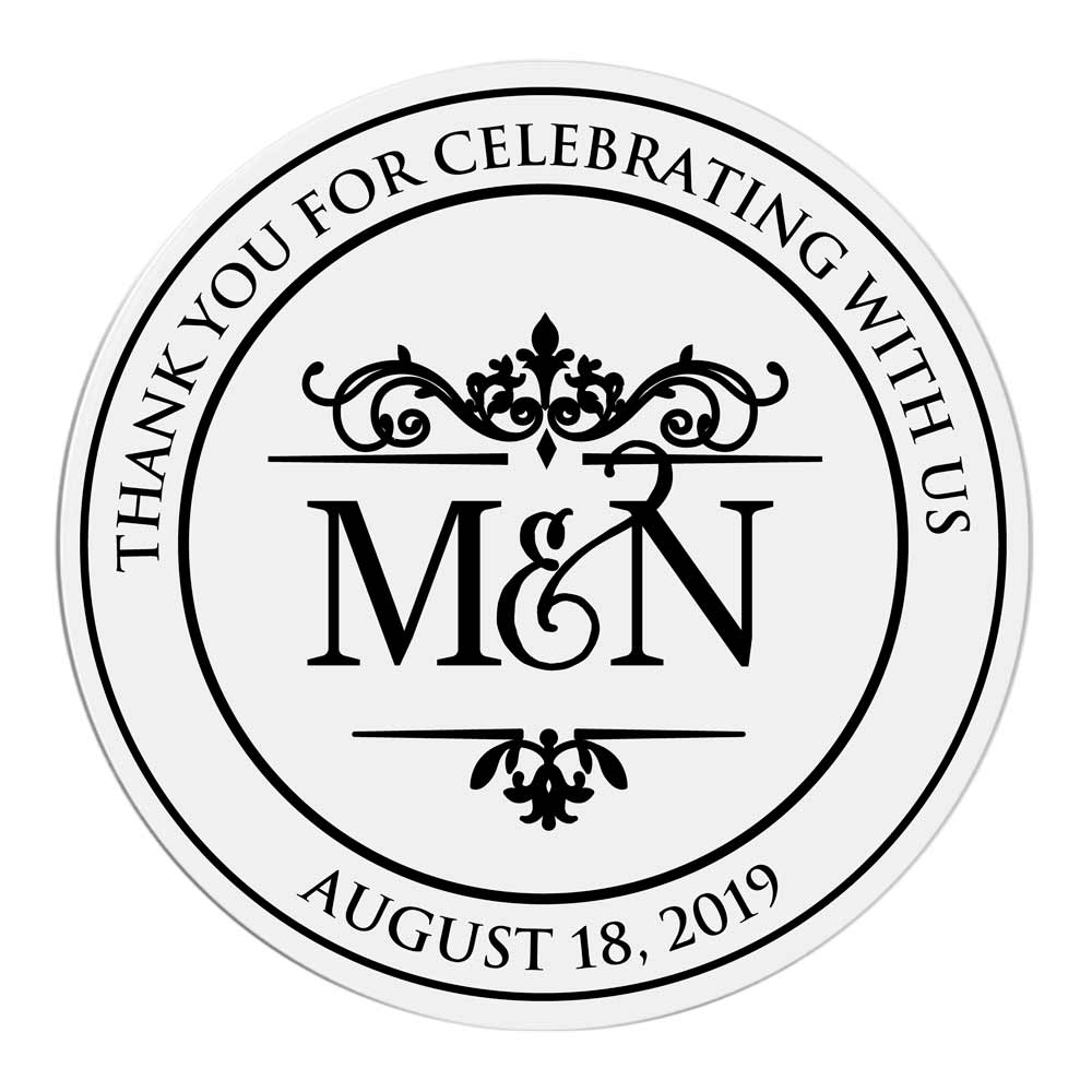 Custom wedding thank you sticker with monogram initials and gold foiled lettering. Entirely personalized clear labels.