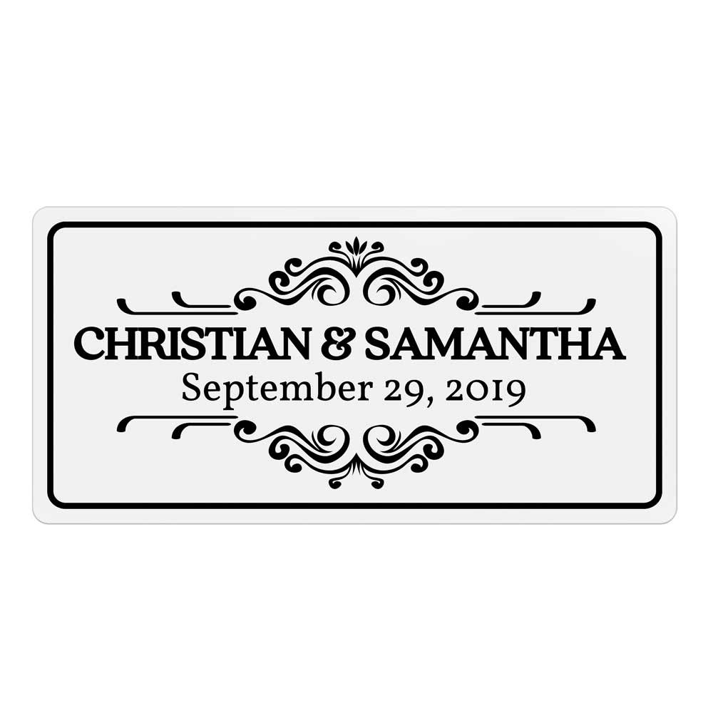 Custom wedding sticker with ornaments and rectangular design. Entirely personalized clear gold foiled label.