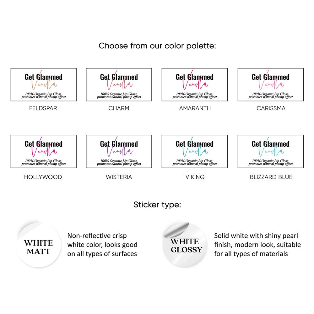 Custom lip gloss labels with elegant white design and colorful brand name in hand-lettered typography - XOXOKristen