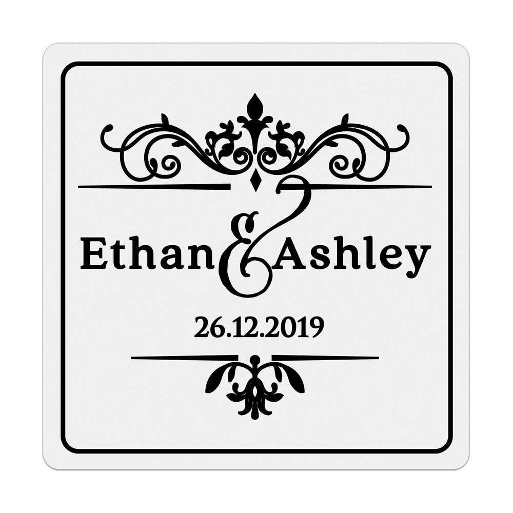 Custom wedding sticker with ornaments and gold foiled lettering. Entirely personalized clear labels.