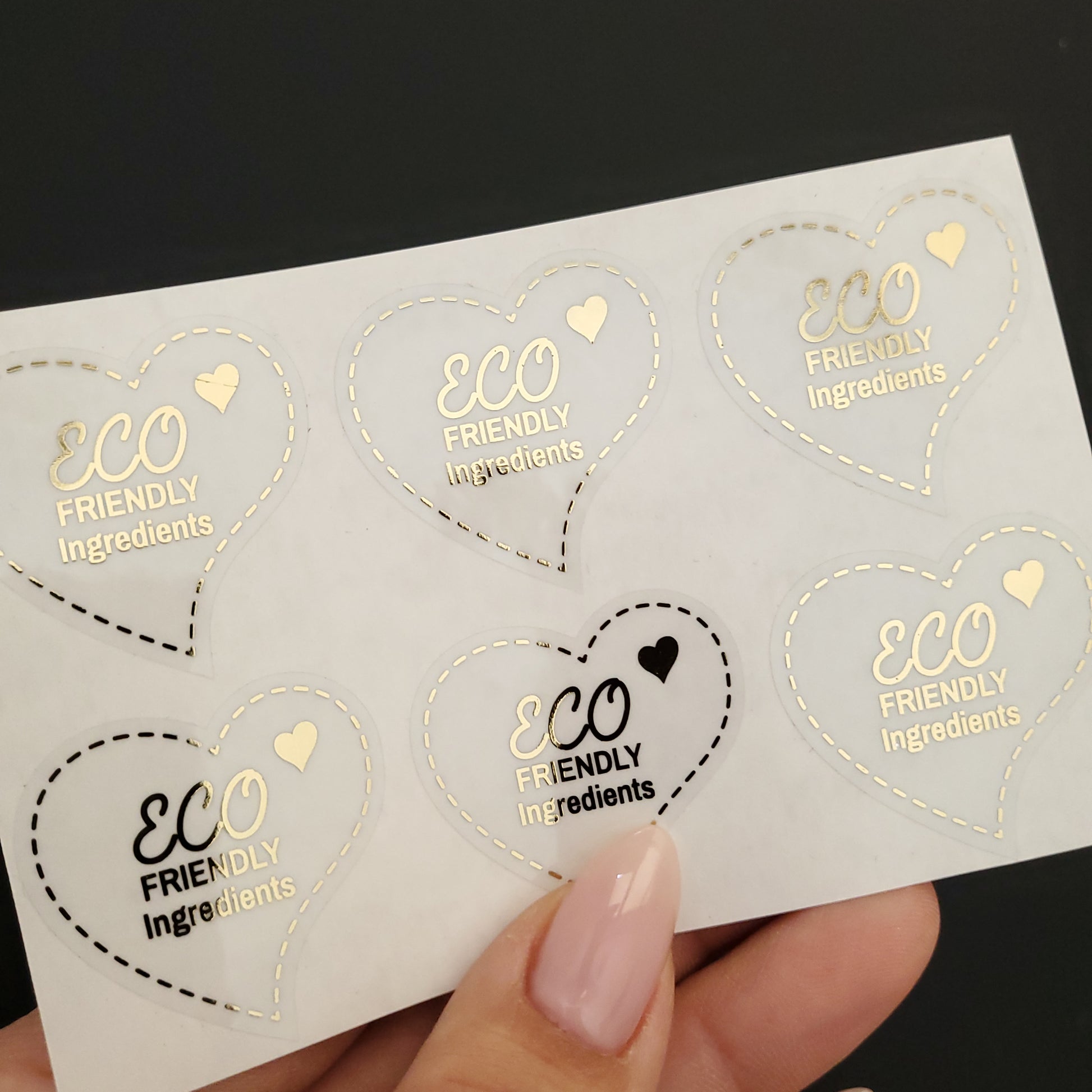 gold foiled stickers in heart hape for eco friendly ingredients -  XOXOKristen