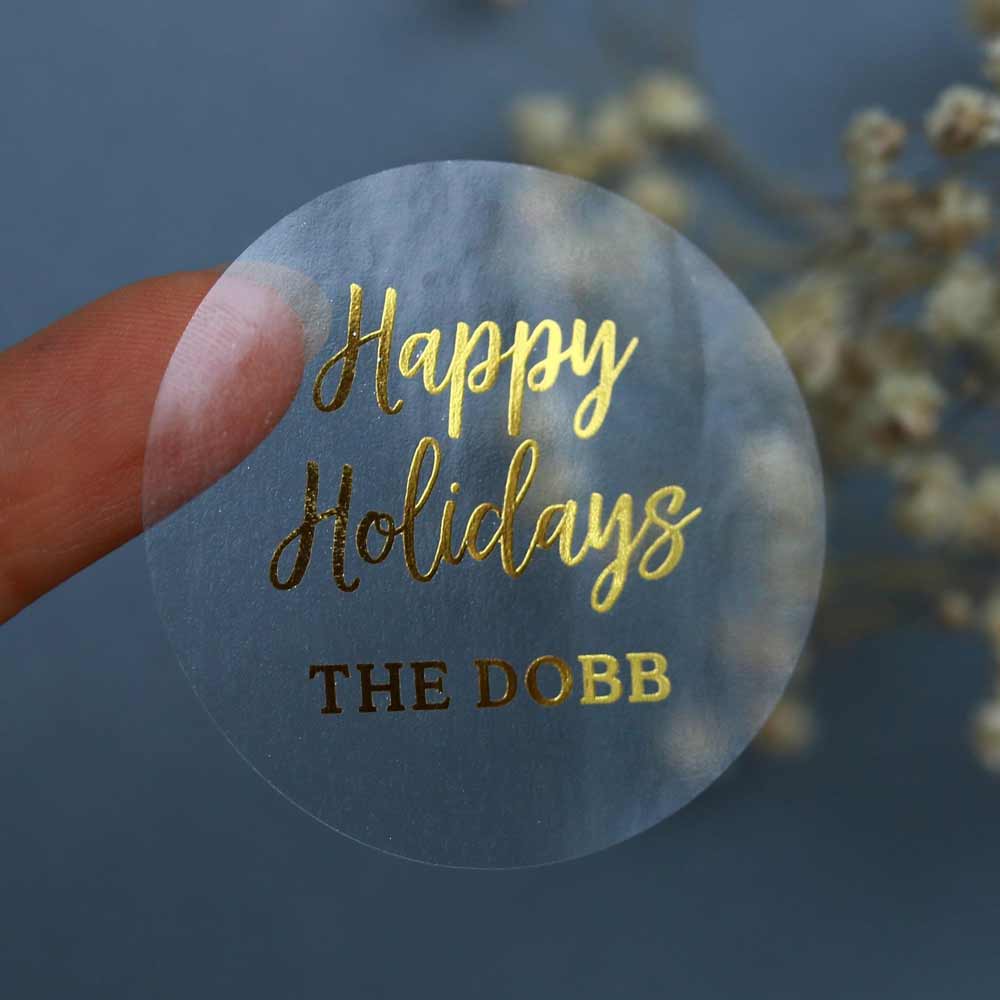 Gold foiled personalized Merry Christmas clear label with name - XOXOKristen