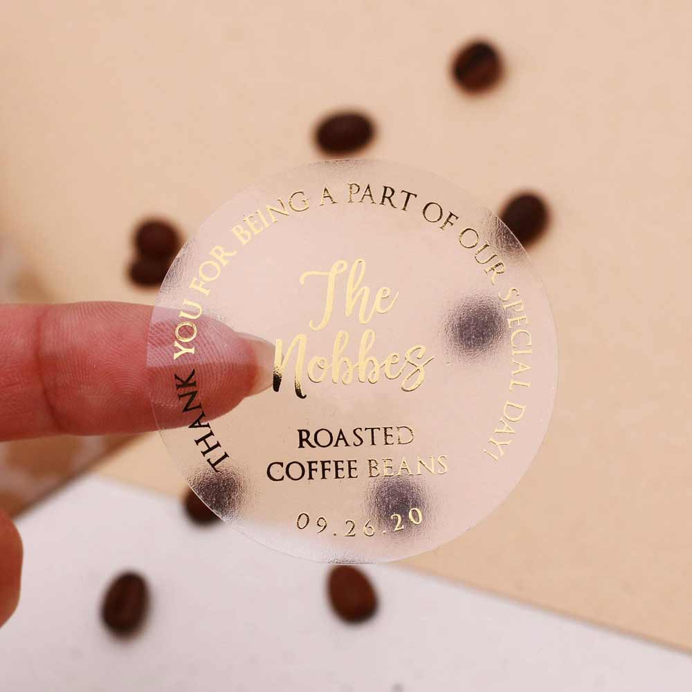 Custom gold foiled wedding for your happy tears sticker with real gold foil lettering. Entirely personalized clear labels.