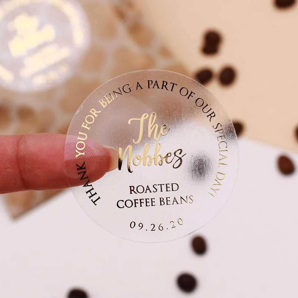Custom gold foiled wedding for your happy tears sticker with real gold foil lettering. Entirely personalized clear labels.