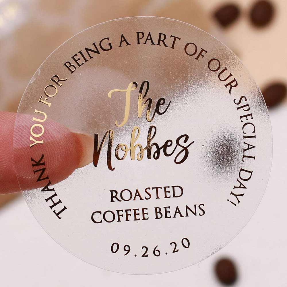 Custom gold foiled wedding for your happy tears sticker with real gold foil lettering. Entirely personalized clear labels.