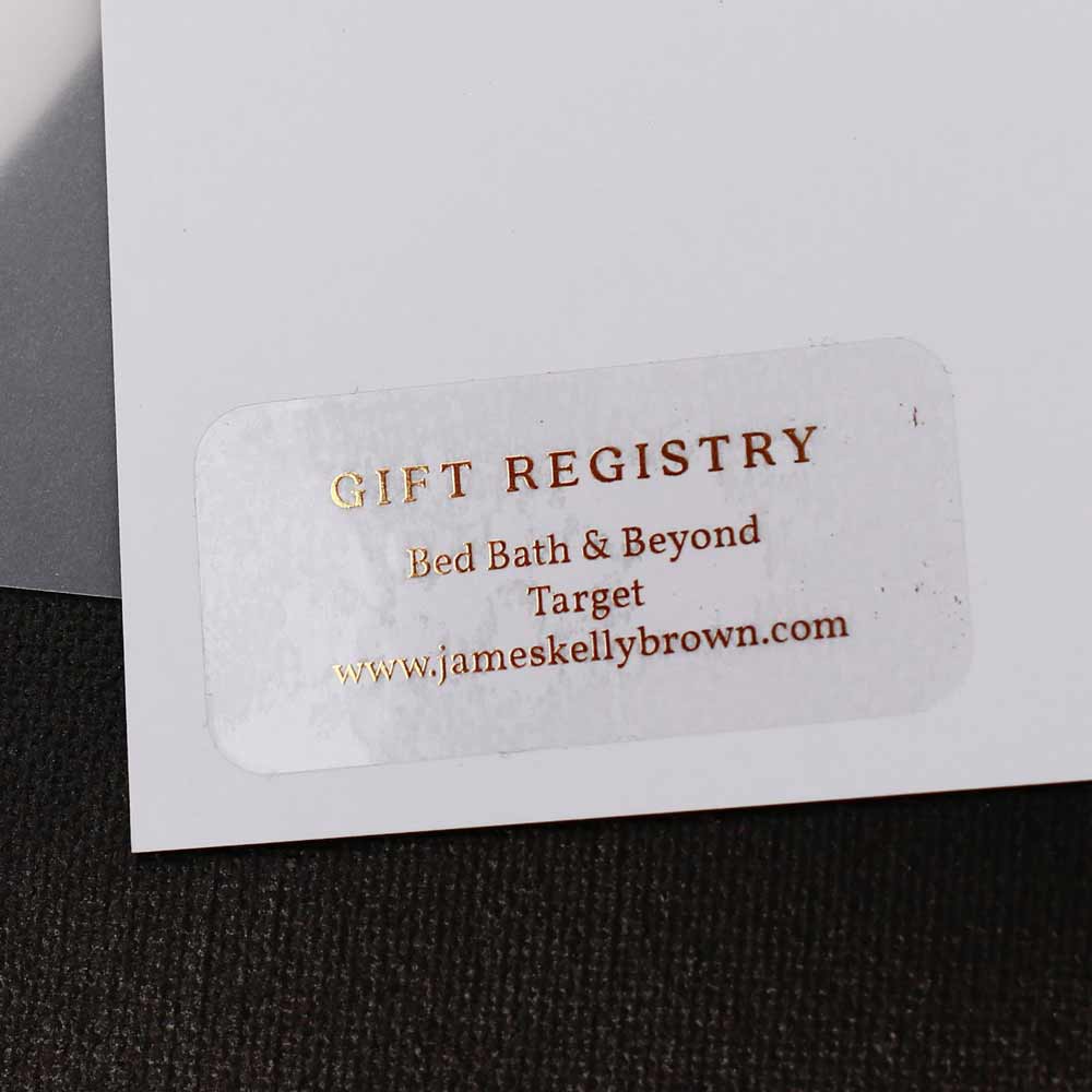 Custom wedding girt registry sticker with real gold foiled lettering. Entirely personalized clear label.