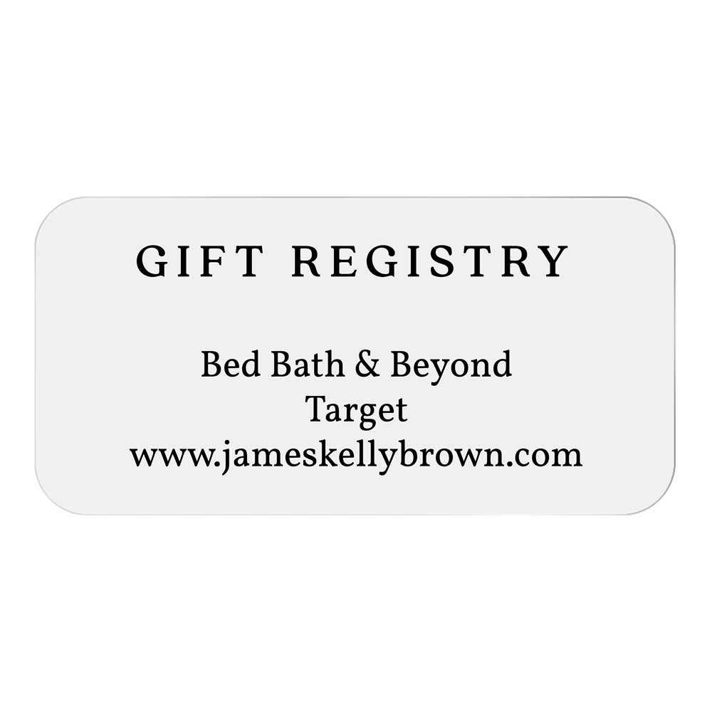 Custom wedding girt registry sticker with real gold foiled lettering. Entirely personalized clear label.