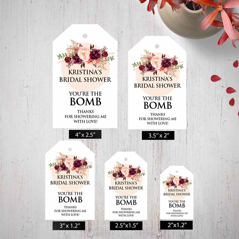 Personalized Bath Bomb Gift Tags. Custom Burgundy Bath Bomb Favor Labels - XOXOKristen