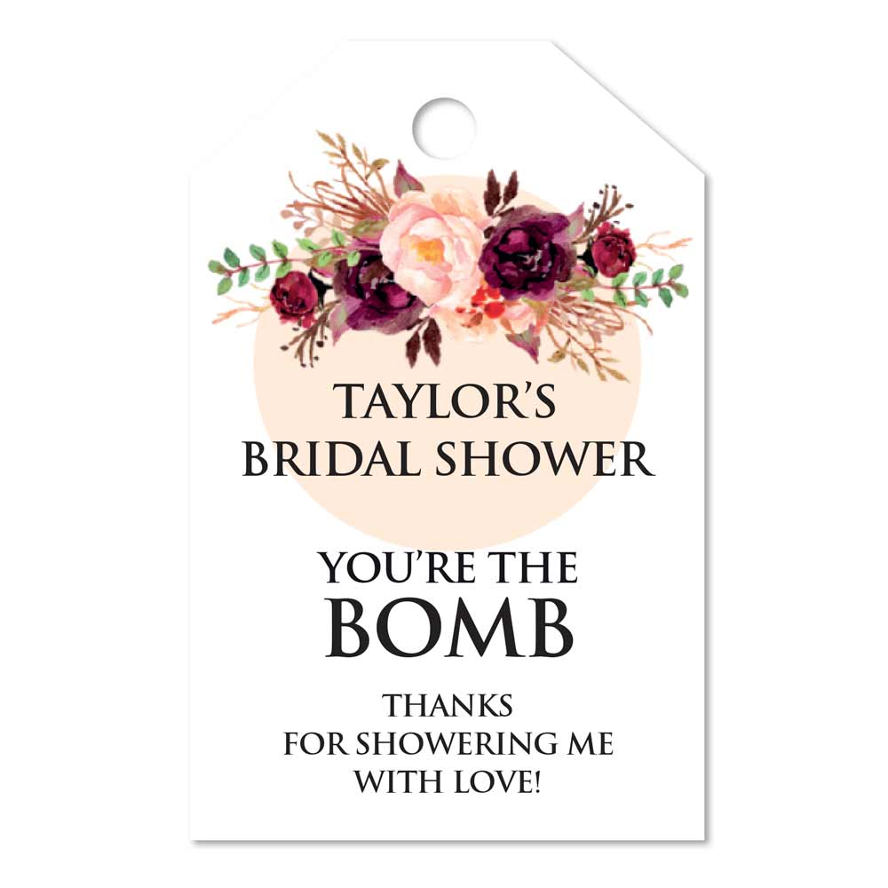 Personalized Bath Bomb Gift Tags. Custom Burgundy Bath Bomb Favor Labels - XOXOKristen