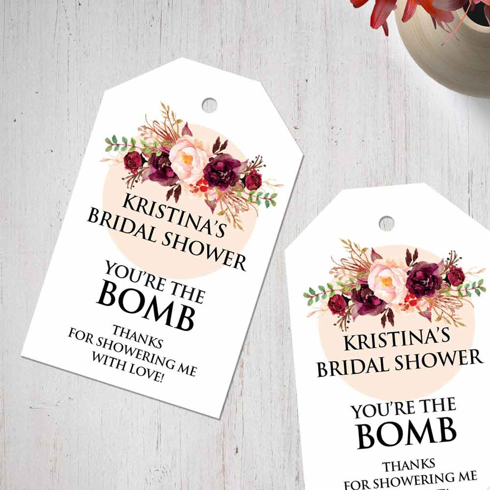 Personalized Bath Bomb Gift Tags. Custom Burgundy Bath Bomb Favor Labels - XOXOKristen