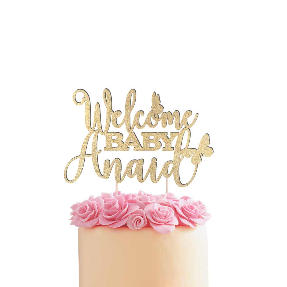 Personalized baby shower Welcome baby cake topper with butterflies. Gold glittered cake decoration for baby shower, baptism or christening ā XOXOKristen.
