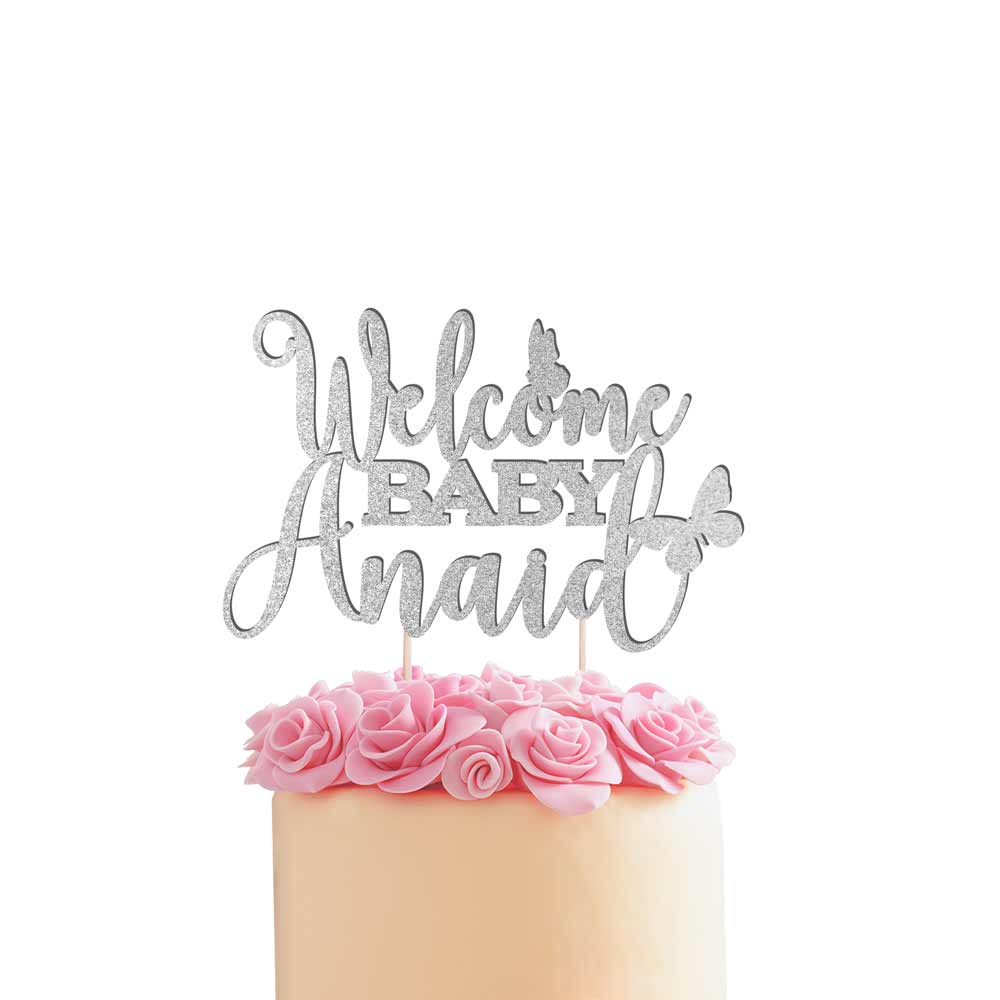Personalized baby shower Welcome baby cake topper with butterflies. Silver glittered cake decoration for baby shower, baptism or christening ā XOXOKristen.