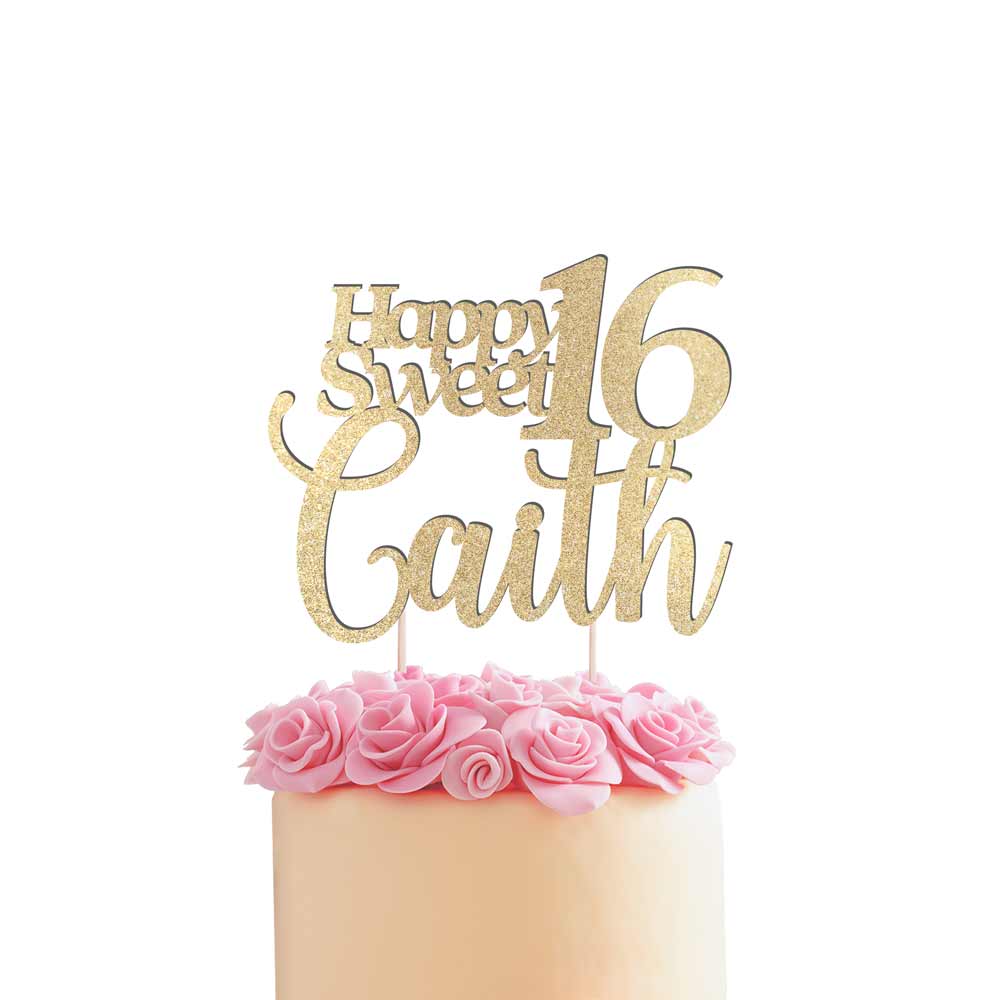 Happy sweet sixteen birthday cake topper. Gold glitter cake decoration - XOXOKristen