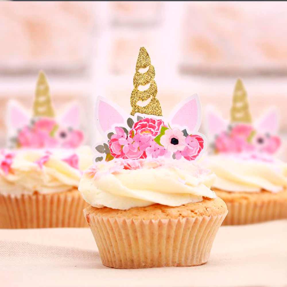 Gold glittered unicorn cupcake topper with pink flower wreath - XOXOKristen