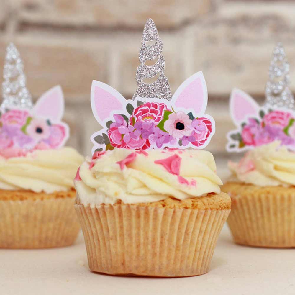 Gold glittered unicorn cupcake topper with pink flower wreath - XOXOKristen