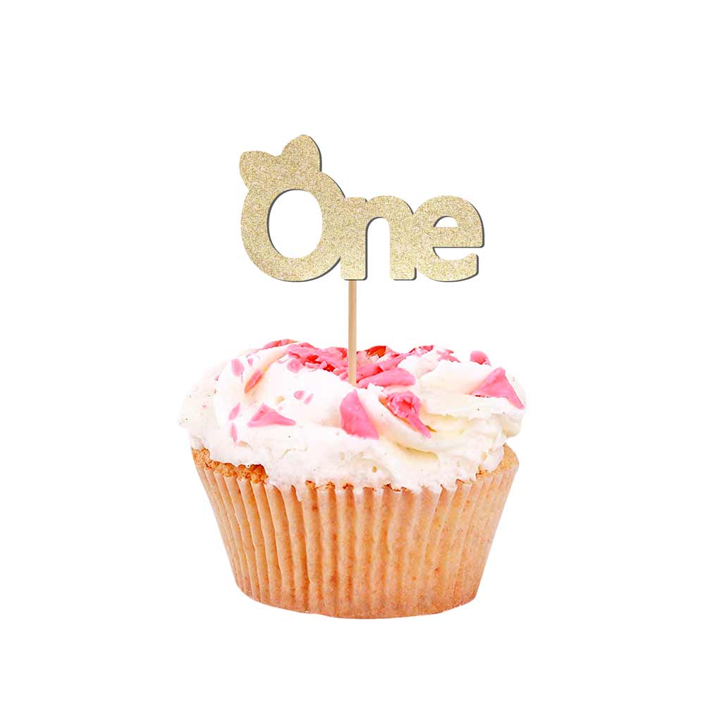 gold glitter first birthday cupcake decoration with cute bow - xoxokristen