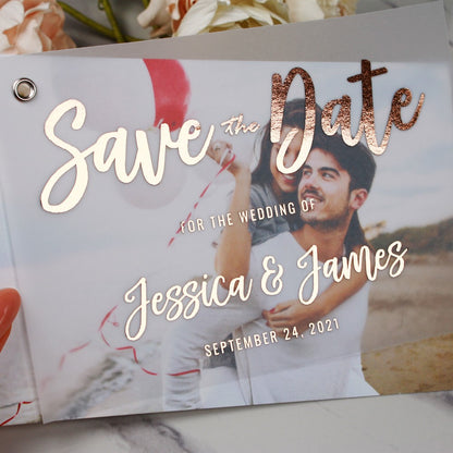 Gold foiled vellum save the date card with custom picture - XOXOKristen