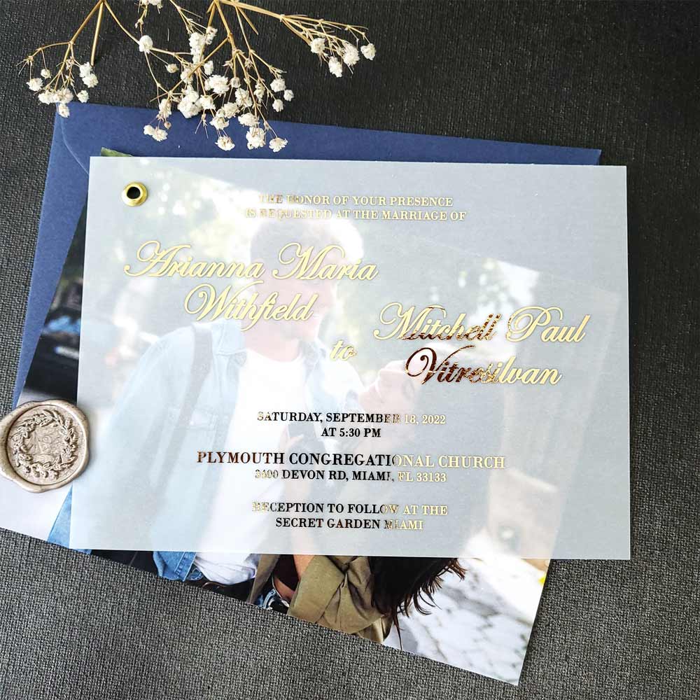 Foiled Vellum Overlay Wedding Invitation with Photo