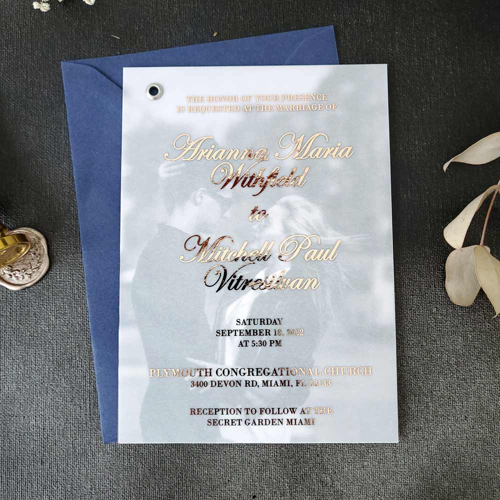 Foiled Vellum Overlay Wedding Invitation with Photo