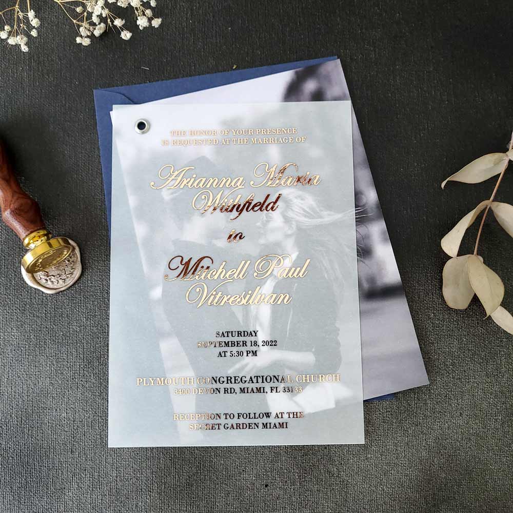 Foiled Vellum Overlay Wedding Invitation with Photo