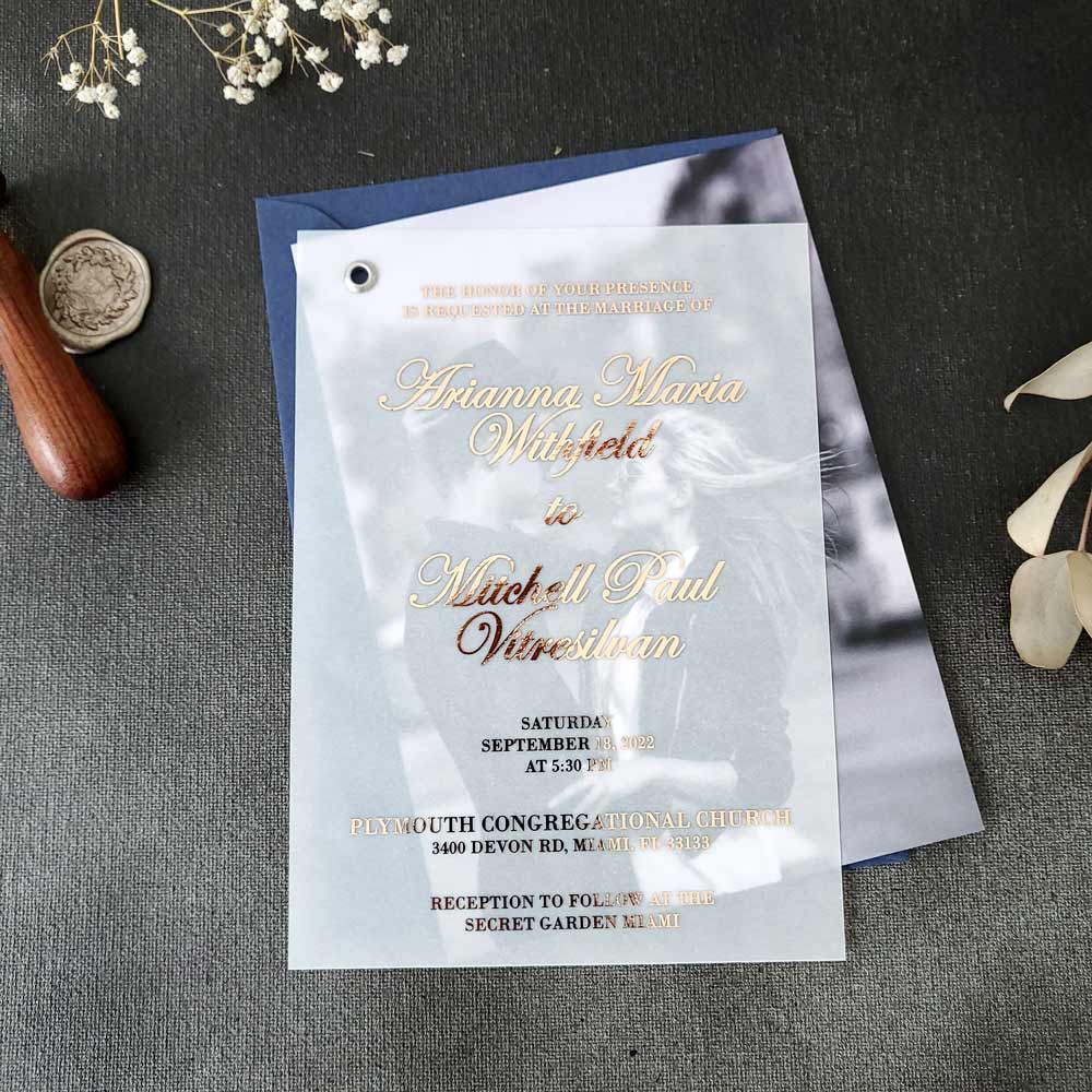 Foiled Vellum Overlay Wedding Invitation with Photo