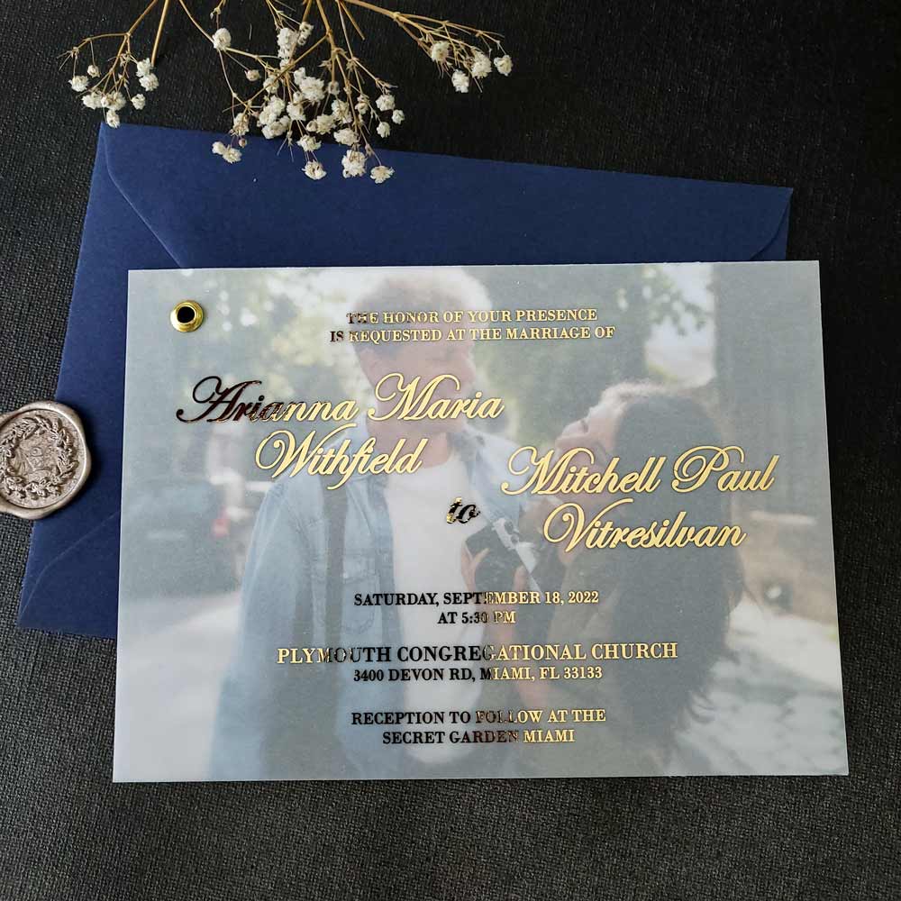 Foiled Vellum Overlay Wedding Invitation with Photo