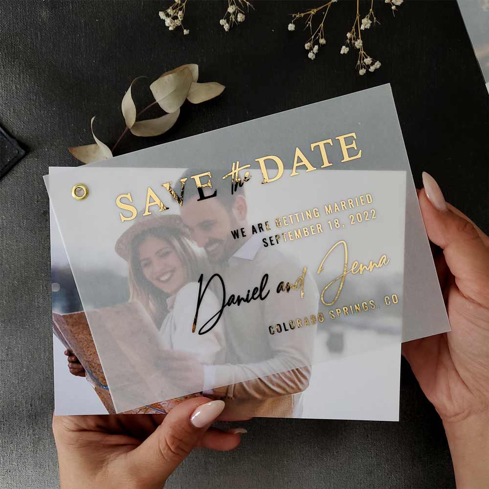 Vellum save the date cards with custom photo and foiled printing - XOXOKristen