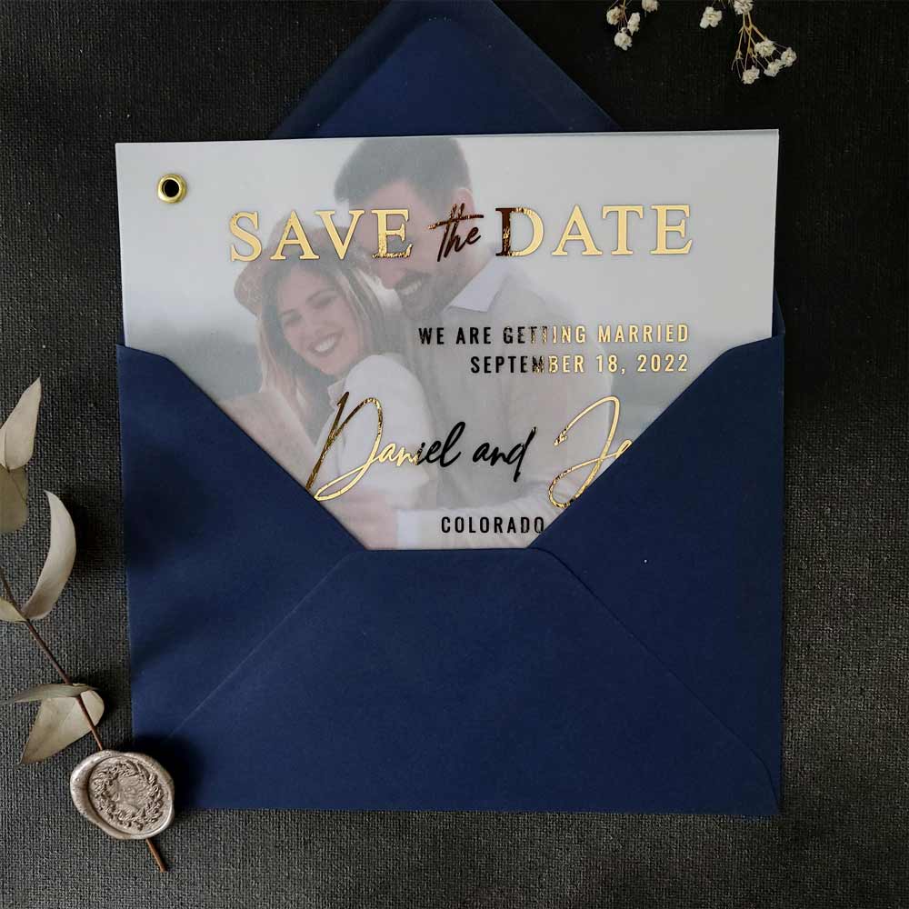 Vellum save the date cards with custom photo and foiled printing - XOXOKristen