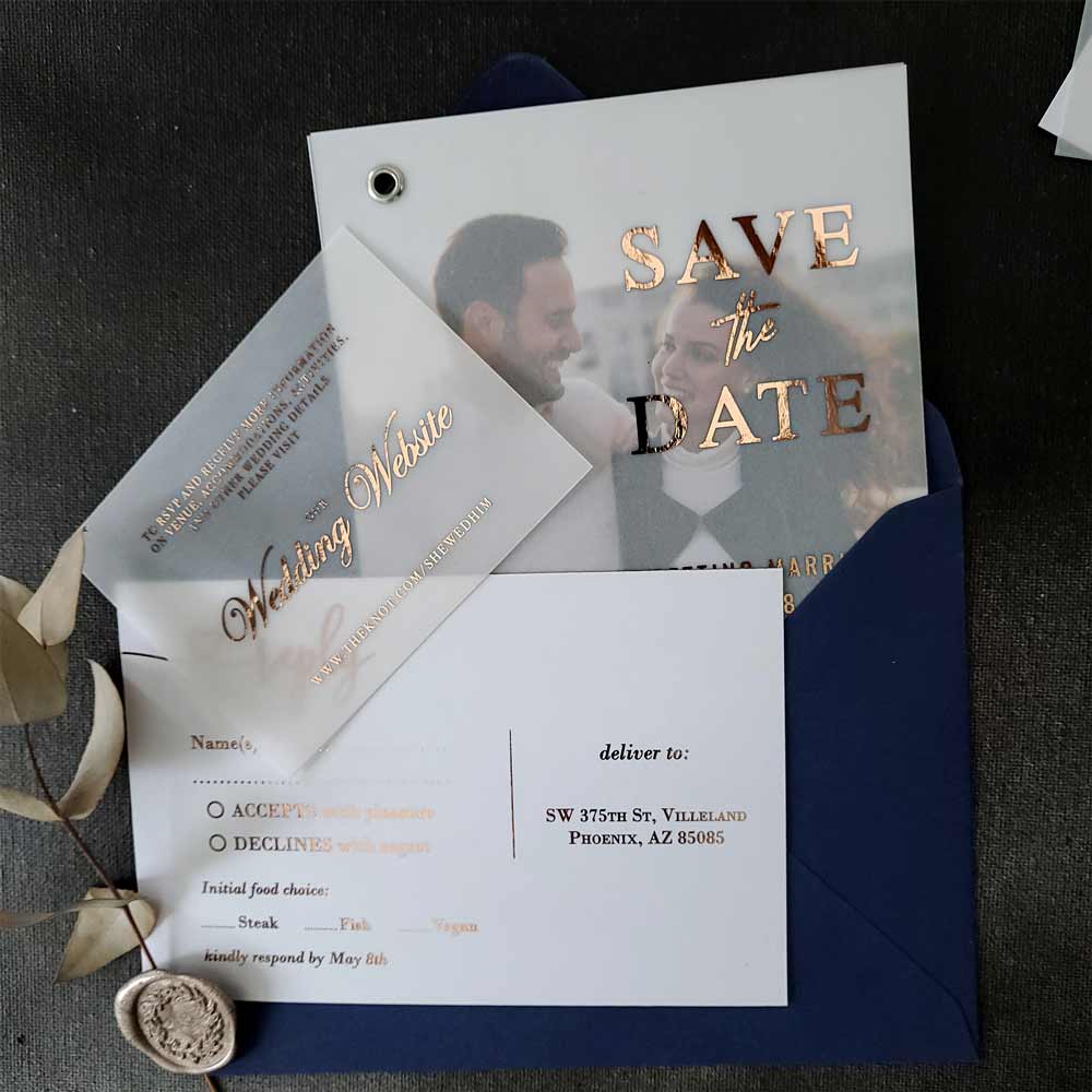 Vellum save the date cards with custom photo and foiled printing - XOXOKristen