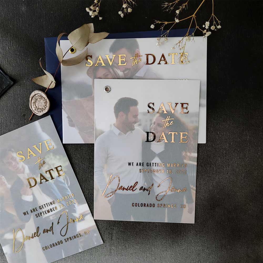 Vellum save the date cards with custom photo and foiled printing - XOXOKristen