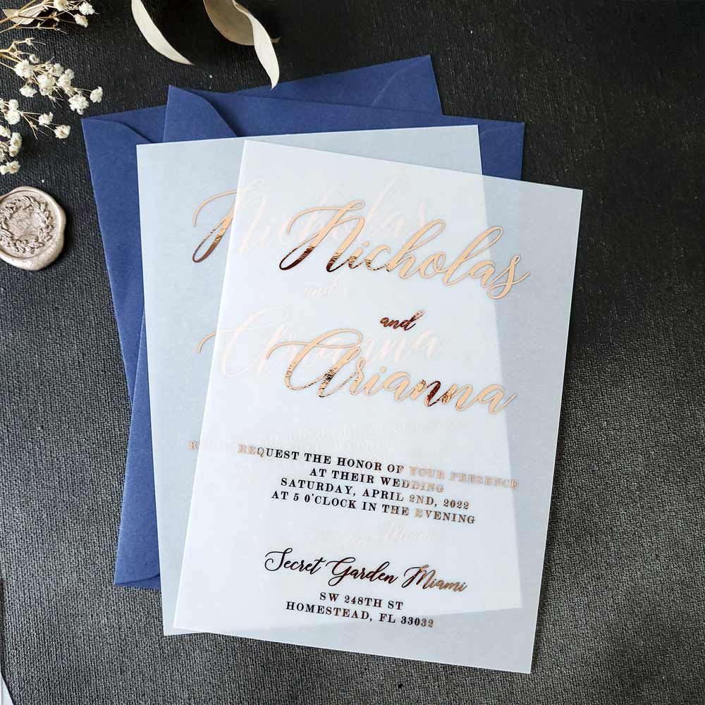 Elegant vellum wedding invitations with gold foiled print - XOXOKristen