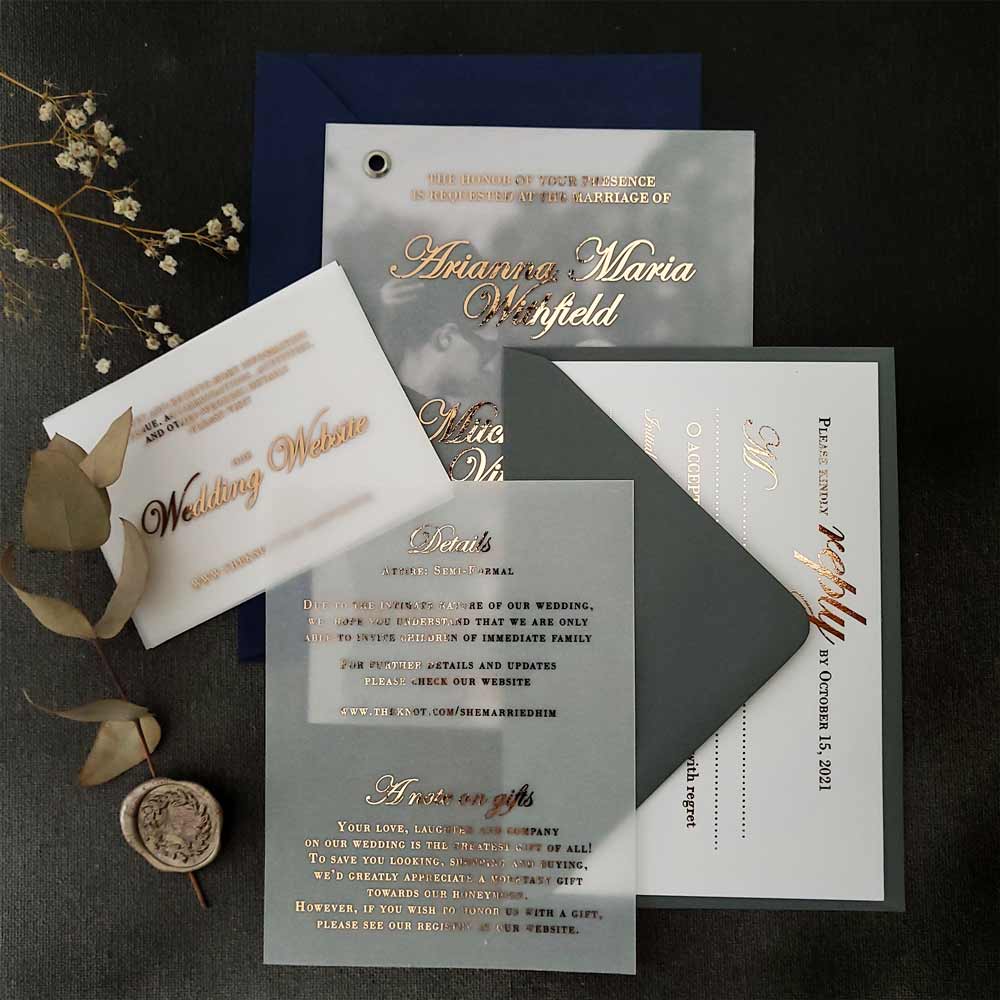 Wedding details enclosure card with gold foil on vellum - XOXOKristen