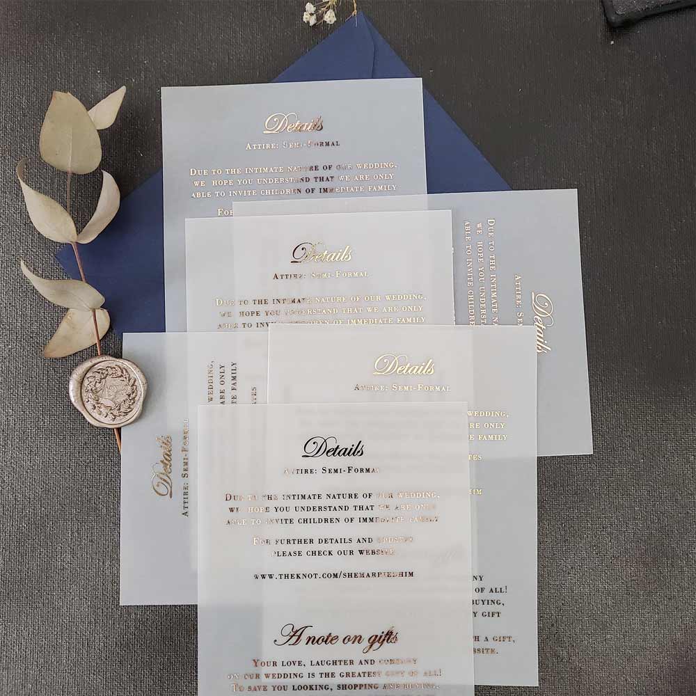Wedding details enclosure card with gold foil on vellum - XOXOKristen