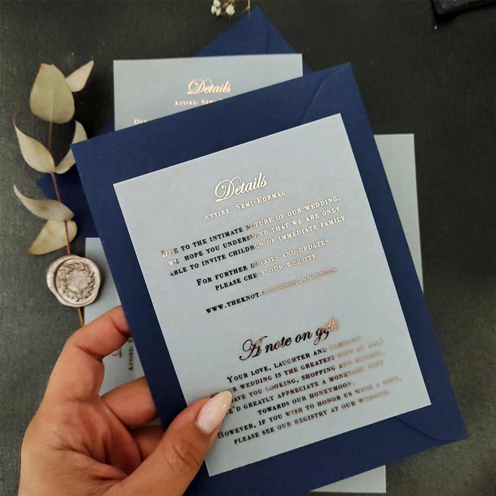 Wedding details enclosure card with gold foil on vellum - XOXOKristen